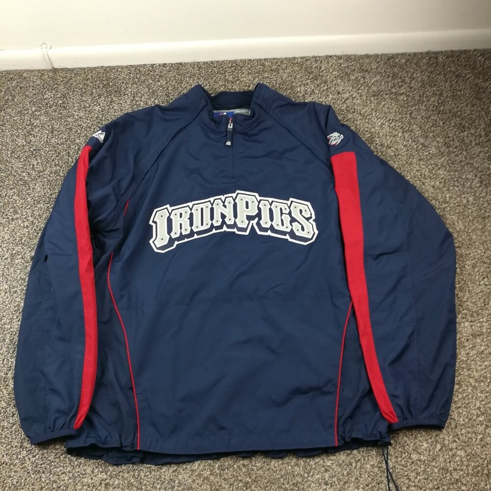 Lehigh Valley Iron Pigs Jacket Majestic Cool Base Convertible Warm Up Mens XL